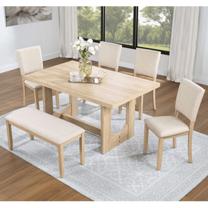 6-Piece Modern Dining <b>Table</b> <b>Set</b> with 4 Chairs <b>and</b> <b>Bench</b> Rubber Wood & MDF Beige Linen Eco-Friendly Durable U-Shaped Base - Product Image 2