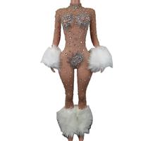 Sexy Rhinestone Plumes Bodycon Barboteuses Plus Size Singer Dancer Bodys Stripper Festival Vêtements Femmes Club Party Jumpsuits