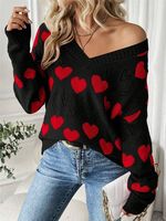 Pull en maille jacquard à motif cœur pour femme, col en V, manches longues, coupe ample, motif cœur ajouré, doux, romantique, décontracté