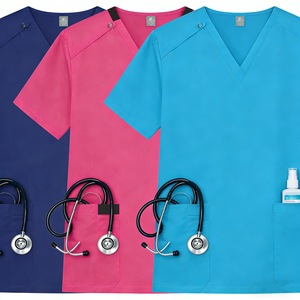Women Scrub Tops Solid Color Short Sleeve Moisture Wicking Hospital Uniforms V Neck With Pockets For Medical Nursing Work - Product Image 3