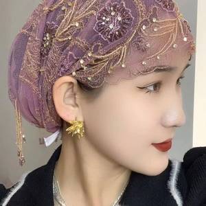 Hot-selling new plain polyester <b>wedding</b> <b>hat</b>, suitable <b>for</b> Muslim women as an ethnic headscarf <b>hat</b> - Product Image 1