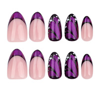Ongles à presser style français OEM d'usine, motif papillon violet, pointes d'ongles en amande