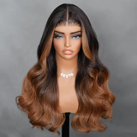Perruque Lace Frontale 7x5 Sans Colle, Ondulée, Châtain Ombré avec Mèches, Cordon Invisi, Prête à Porter, Cheveux Humains
