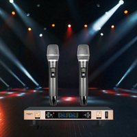 Microphone de karaoké sans fil à double canal Soundmark ID-878 avec modulation FM, capteur infrarouge, fonction muet, alimenté par piles AA, XLR