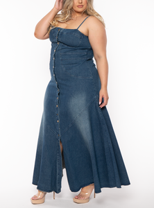 بيع بالجملة موضة جديدة الصيف الدنيم حزام بلا أكمام حجم كبير زر الجبهة المرأة الصيف عارضة فساتين طويلة - Product Image 2