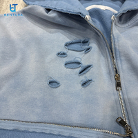 BENTURA Sweat à capuche court pour homme, coupe carrée, ourlet brut, délavé soleil, avec motif, double fermeture éclair, effet usé, personnalisable avec logo