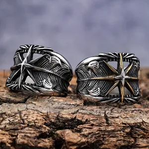 Fashion Retro Water Proof Stainless Steel Marine Tide Pirate Sailor Compass Polaris Star Compass Mans Jewelry Finger Ring