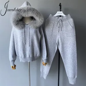 Wholesale Soft Luxury Pullover Real Fox Fur Hood Sweater Pants 2 Pieces Set Casual Winter Custom Wool Women Sweater Knit Set