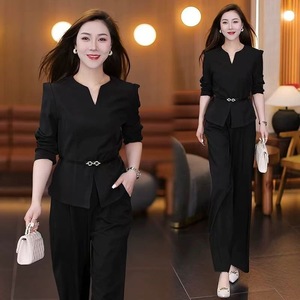 Women's Suit Set Slim Fit V Neck Top Wide Leg Pants Black Polyester Crepe Anti Wrinkle Casual Professional Two Piece Set - Product Image 4