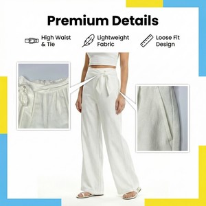 <strong>Women's</strong> White Mid-Waisted Wide-Leg Spring ODM Woven Linen Viscose Blend Breathable Comfort Casual Trousers - Product Image 4