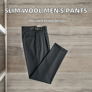 Custom Men's Mid Waist <b>Wool</b> Worsted Tailored Slim Fit <b>Pants</b> Straight Leg Pleated Front Business Casual - Product Image 2