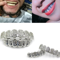 Grillz dentaire Hip Hop Dientes De Oro Iced Out 6 dents en Cuivre CZ avec barre en silicone pour cadeau de fête d'Halloween