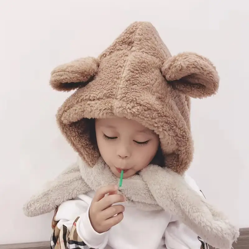HT-0797 도매 새로운 최신 캐주얼 귀여운 곰 플러시 토끼 모피 따뜻한 모자 어린이 캐주얼 간단한 겨울 야외 모자와 스카프