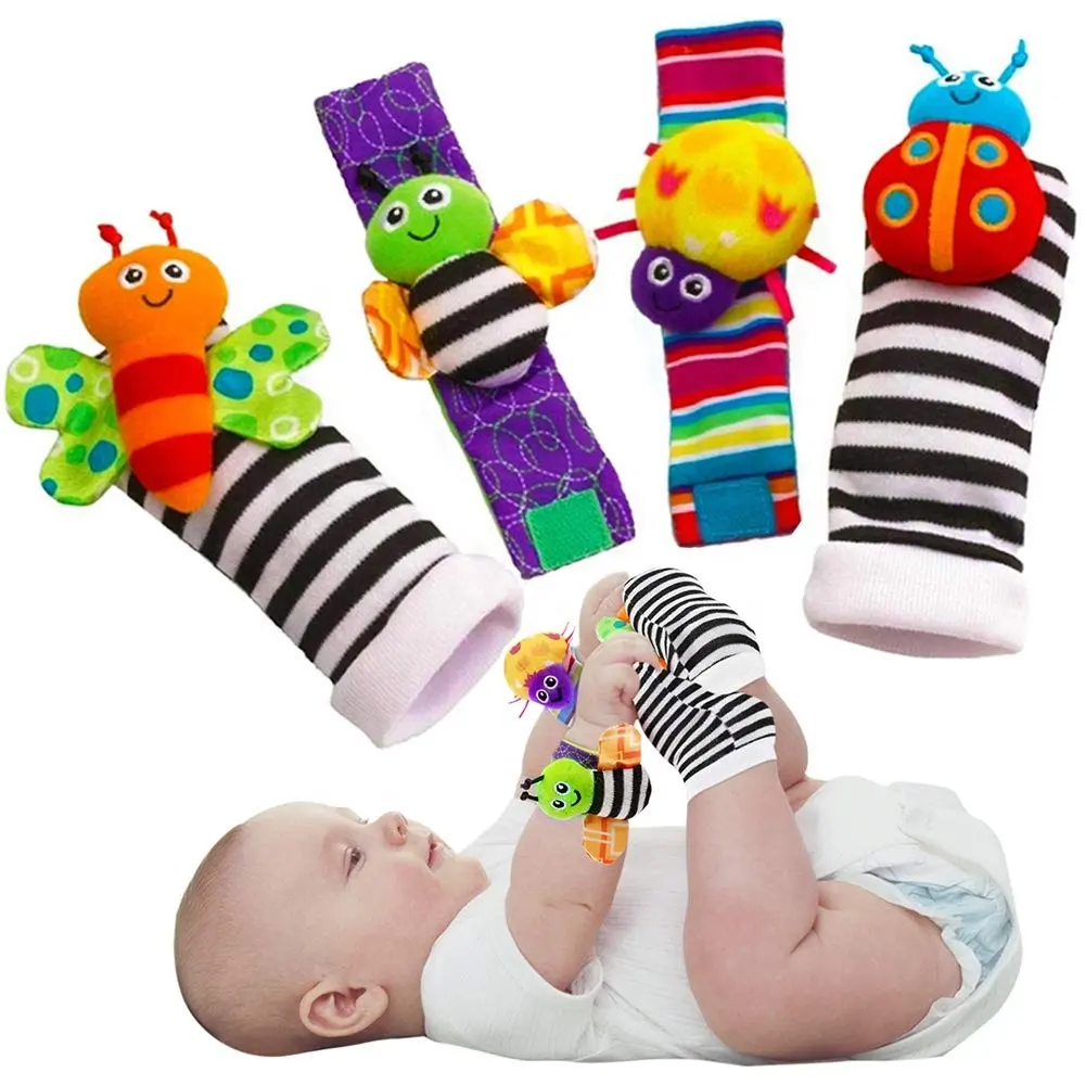 4pcs a Set Cute Animal Insect Soft Baby Socks Wristband sonaglio Toys Foot Finders Fun Butterfly Bee Ladybird Rattles da polso