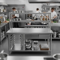 Table de travail professionnelle en acier inoxydable robuste avec étagère inférieure et pare-éclaboussures, capacité de charge de 300 kg/m, revêtement autonettoyant pour cuisines