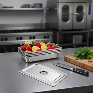 Conteneur de stockage alimentaire en acier inoxydable 20x12x4 pouces, profond, pleine taille, anti-blocage, empilable avec couvercle pour usage en cuisine - Product Image 2