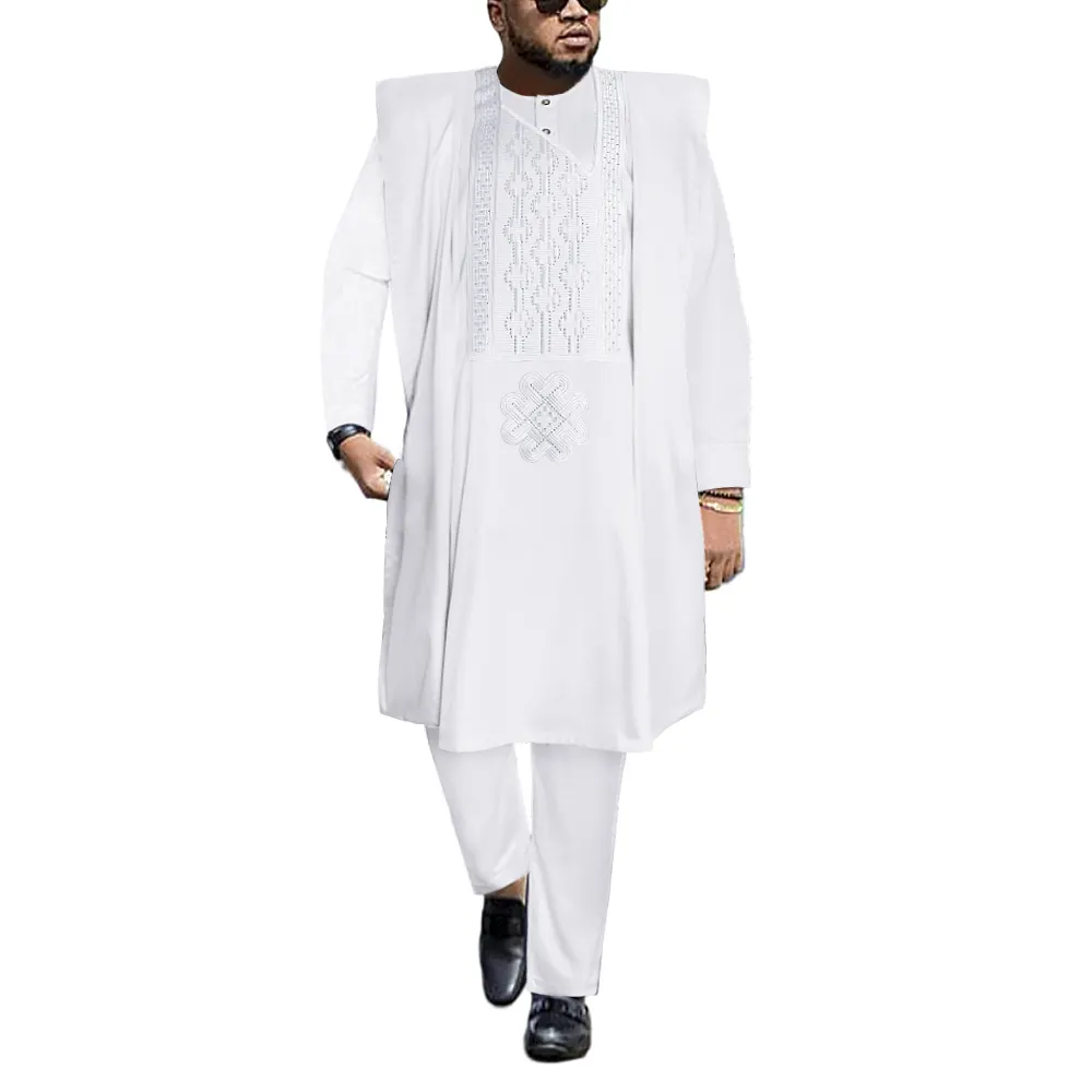 H & D afrika nakış giyim erkekler için 3 adet Set bayram Mubarek giyim beyaz Dashiki kıyafetler