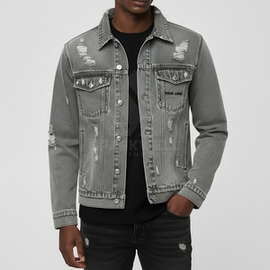 <b>Men's</b> Light Grey Distressed Denim Trucker <b>Jacket</b> Button Closure <b>Long</b> Sleeve Regular Fit Ripped Casual Jean <b>Jacket</b> Streetwear Out - Product Image 1