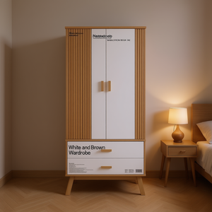 Armario Natratosio Blanco Marrón con 2 Cajones y Puertas Abatibles, Mueble de Dormitorio Moderno Escandinavo - Product Image 2