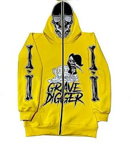 New Streetwear American Retro Skull Little Devil Print Oversized Bulk Hoodie Men Punk Loose Colorful Zipper Hooded Sweatshirt