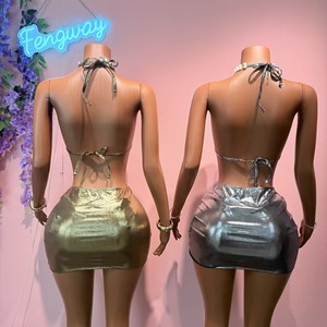 2026 New Fashion <strong>Women</strong> Sexy Silver Gold Hollow Out Crisscross <strong>Skirt</strong> Swimwear Set Bathing Suit PU Bodysuit <strong>Swimming</strong> Wear - Product Image 3