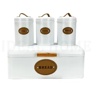 Witte Kleur Schilderij 4 Stuk Suiker Thee Koffie Containers Sets Aangepaste Keuken Broodtrommel Doos Set Met Metalen Deksel