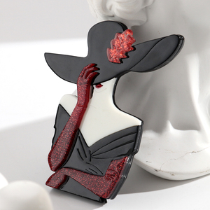 <span class=keywords><strong>Broche</strong></span> élégante pour robe de banquet, accessoires, <span class=keywords><strong>broche</strong></span> en acrylique rouge scintillante, grand chapeau noir, personnage, pour femmes - Product Image 3