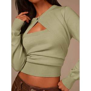 Suéter con cuello redondo y detalle recortado para mujer, amarillo, de manga larga, tejido. - Product Image 2