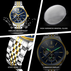 Montre mécanique automatique entièrement personnalisable en acier inoxydable, cadran bleu or blanc, squelette, tourbillon, montre de luxe pour homme d'affaires - Product Image 4