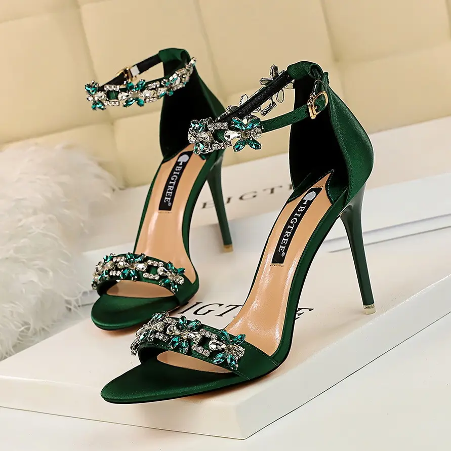 Korean fairy style high heels women's shoes thin heels fashion pointed silk open toe Rhinestone decorative flat buckle sandals