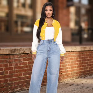 Women's Yellow <b>White</b> Varsity <b>Jacket</b> Full Sleeve Button Up Crop Top Solid Color Contrast Design Autumn Wear - Product Image 3