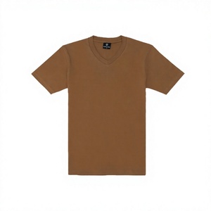 Men's <b>V</b>-Neck Solid Brown Cotton T-Shirt Short Sleeve Regular <b>Fit</b> Casual Jersey Knitted Undershirt - Product Image 5