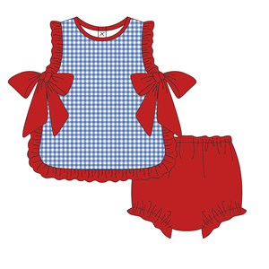 女婴夏季服装套装 粉色格子上衣，带大蝴蝶结和灯笼裤 幼儿荷叶边精品服装 - Product Image 2