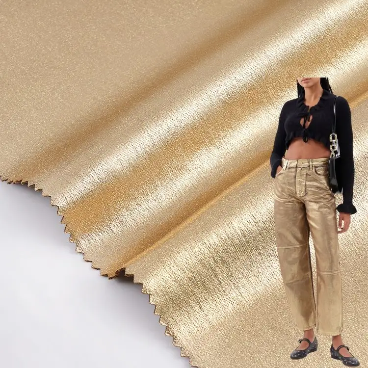 Pantolon için yüksek streç suni deri PU metalik parlak altın folyo baskı kumaş