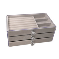 Coffre de présentation de boîte à bijoux en plastique acrylique avec plateaux à compartiments gris Vitrine transparente pour colliers et boucles d'oreilles
