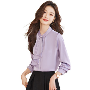 Purple Satin Shirt Women Long Sleeve Elegant Office Blouse Solid Color Polyester Fabric - Product Image 5