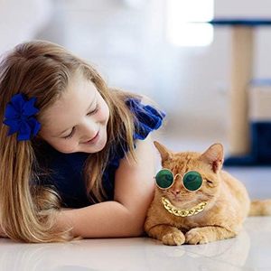Accessoires amusants pour animaux de compagnie : Ensemble de lunettes rondes pour <span class=keywords><strong>chat</strong></span> et chien, lunettes de soleil métalliques pour animaux de compagnie et <span class=keywords><strong>chapeau</strong></span> de paille d'été pour animaux de compagnie avec collier à chaîne dorée factice - Product Image 4