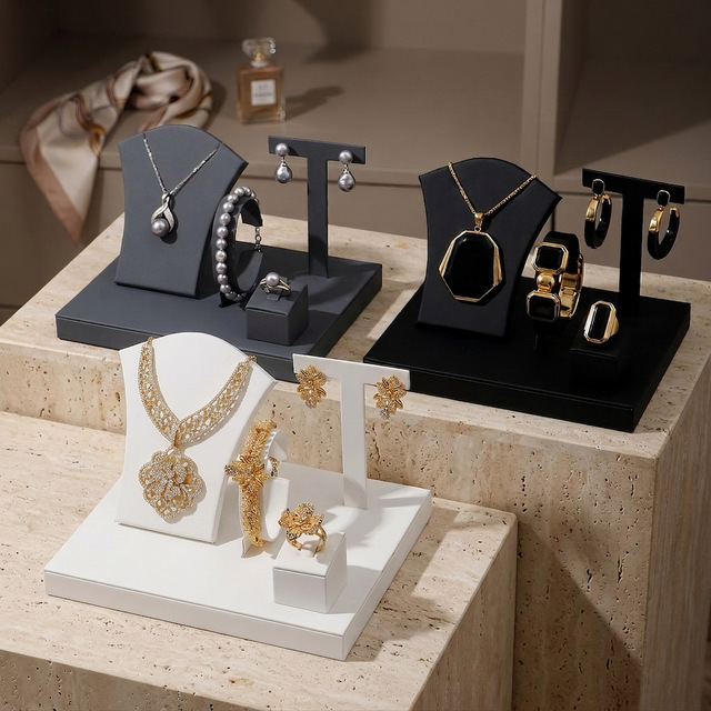 New Design 4 in 1 Combination Set Jewelry Display Stand Leather Jewelry Stand Ring Bracelet Necklace Earrings Set Display