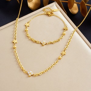 Gold Plated Jewelry <b>Set</b> Flower Design Necklace <b>Bracelet</b> Women's Everyday Wear Stainless Steel Chain With Diamond Inlay - Product Image 1
