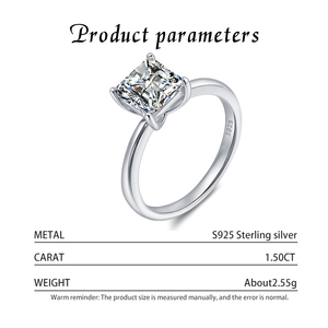 Anillo de compromiso de plata de ley S925 con moissanita de corte princesa de 1.5 quilates, color D, VVS1, certificado GRA, para venta al por mayor de fábrica - Product Image 3