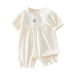 Baby Girl Summer <b>Short</b> Sleeve Romper Thin Cotton Breathable <b>Onesie</b> With Floral Embroidery For Infants - Product Image 5