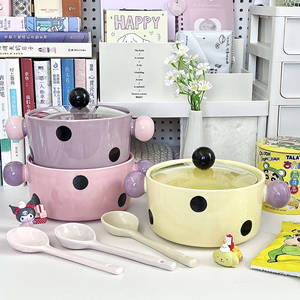 Modern Design Ceramic Double-Handled Bowl for Soup & Noodles Beautiful Rice Bowl with Color-Block Lid for Students' Dormitories