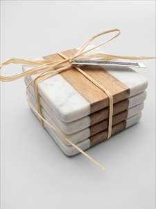 Ensemble de sous-verres en marbre et bois, sous-verres carrés faits à la main, sous-verres en pierre naturelle, bois d'acacia, décoration de table moderne pour la maison - Product Image 4