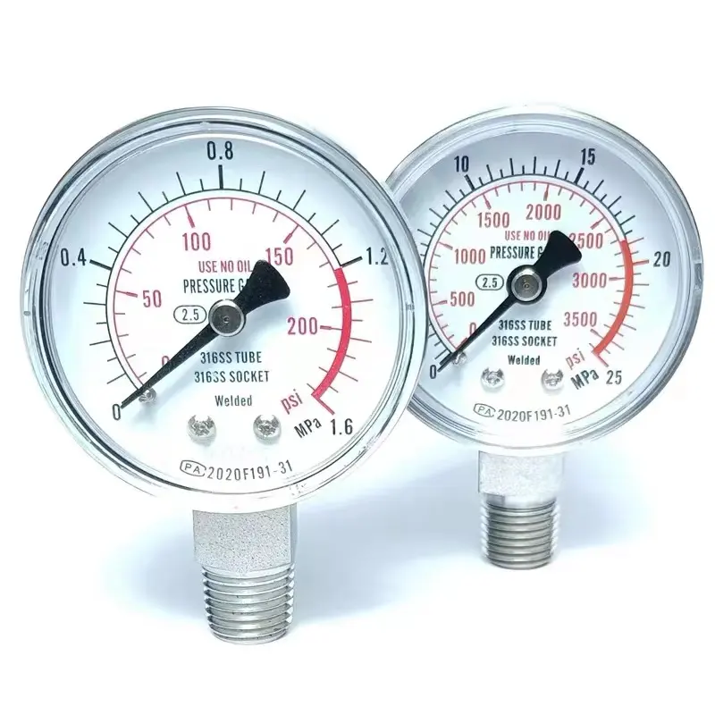 流体ガスシステム用シリンダー圧力レギュレーター用ステンレス圧力計 (磁気なし)