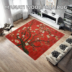 พรมลายดอกไม้สีแดง พรมขนสัตว์ทอมือ ปูพื้นทรงสี่เหลี่ยม ตกแต่งบ้านสไตล์โมเดิร์นสำหรับห้องนั่งเล่นและห้องนอน - Product Image 2