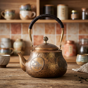 Théière traditionnelle chinoise en métal avec couvercle et poignée, couleur bronze, design décoratif - Product Image 3