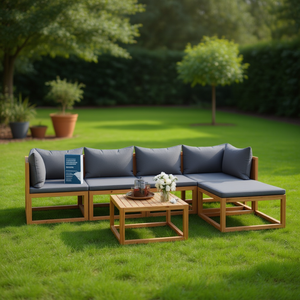 Ensemble de salon de jardin en bois d'acacia massif, 6 pièces, avec coussins, meubles d'extérieur, style contemporain, résistant aux intempéries - Product Image 2