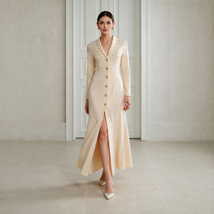 Abito lungo da donna <span class=keywords><strong>con</strong></span> scollo a V in spandex a maniche lunghe, <span class=keywords><strong>con</strong></span> bottoni in perle e strass, elegante, <span class=keywords><strong>con</strong></span> <span class=keywords><strong>spacco</strong></span>, di alta gamma, unico - Product Image 1