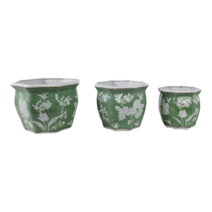 Set di Vasi in Ceramica con Motivo Floreale Verde e Bianco, Esagonali per Interni ed Esterni, per Piante Grasse e Felci, Decorazione Casa - Product Image 3