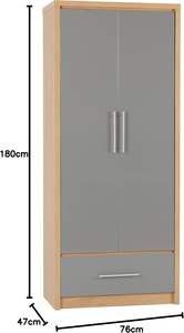 Seconiqueセビリア2ドア2引き出しモダンなワードローブMDFパネルとヒンジ付きグレー光沢/ライトオーク効果ベニヤ - Product Image 5
